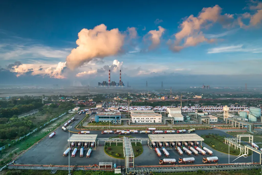 Drone view at sunrise over an industrial terminal with rows of tanker trucks and power-plant chimneys in the distance