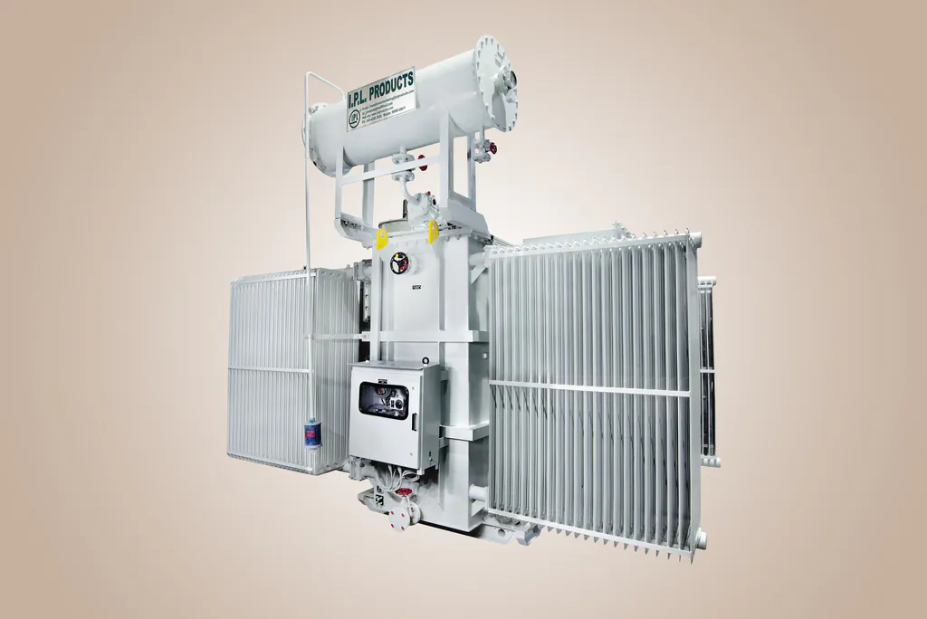Power transformer with radiator fins photographed on a warm seamless backdrop