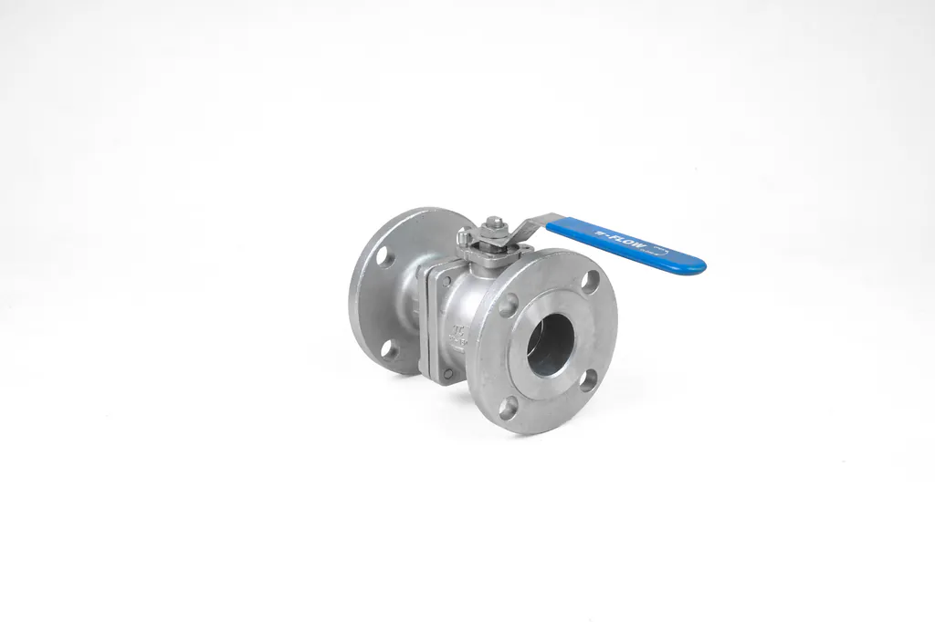 Stainless-steel flanged ball valve with a blue lever, photographed on white