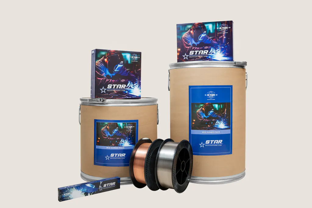 Star Welding wire drums, spools, electrode packs and boxes arranged as a product set